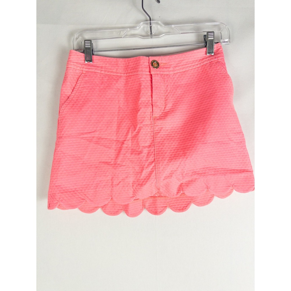 Lilly Pulitzer Scallop Hem Seersucker Mini Skirt Womens 0 Coral Pink Preppy Reso
